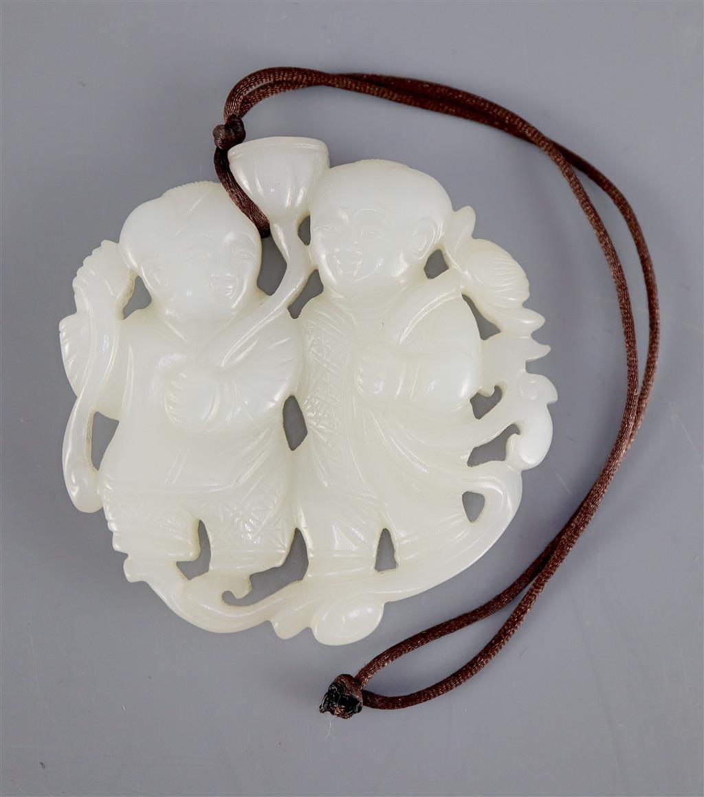 A Chinese white jade twin boys plaque, 5.5cm